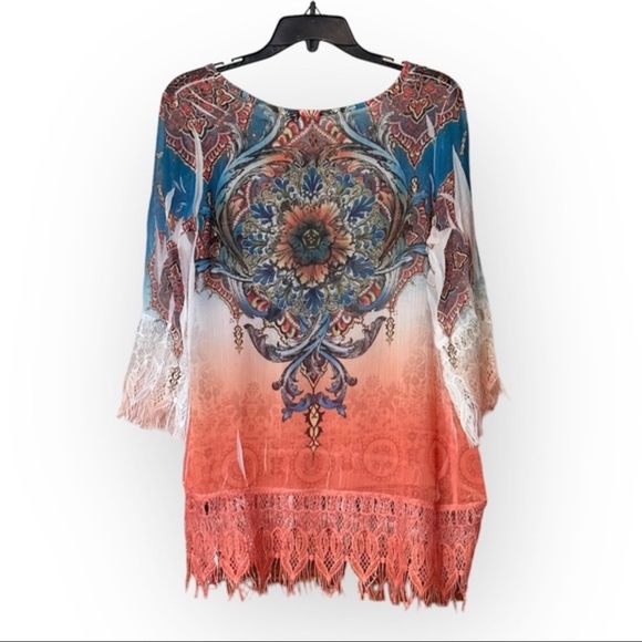 Cover Charge-Swimsuit Coverup-Lace & Fringe on sleeves & hem-EUC-Sz Small - Picture 2 of 5